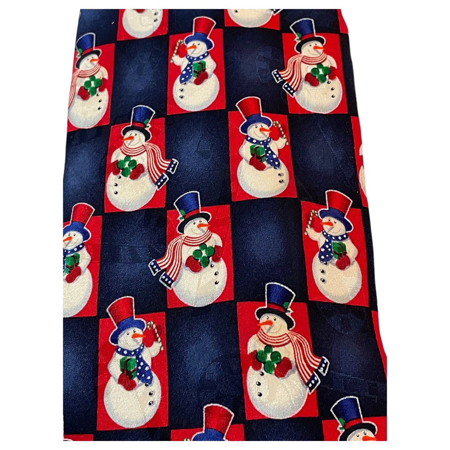 Gravata Natalina Clássica: Xadrez Azul e Vermelho com Bonecos de Neve - Yule TIE Greetings by MMG Hallmark