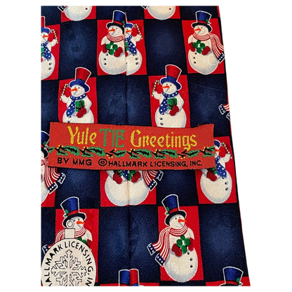 Gravata Natalina Clássica: Xadrez Azul e Vermelho com Bonecos de Neve - Yule TIE Greetings by MMG Hallmark