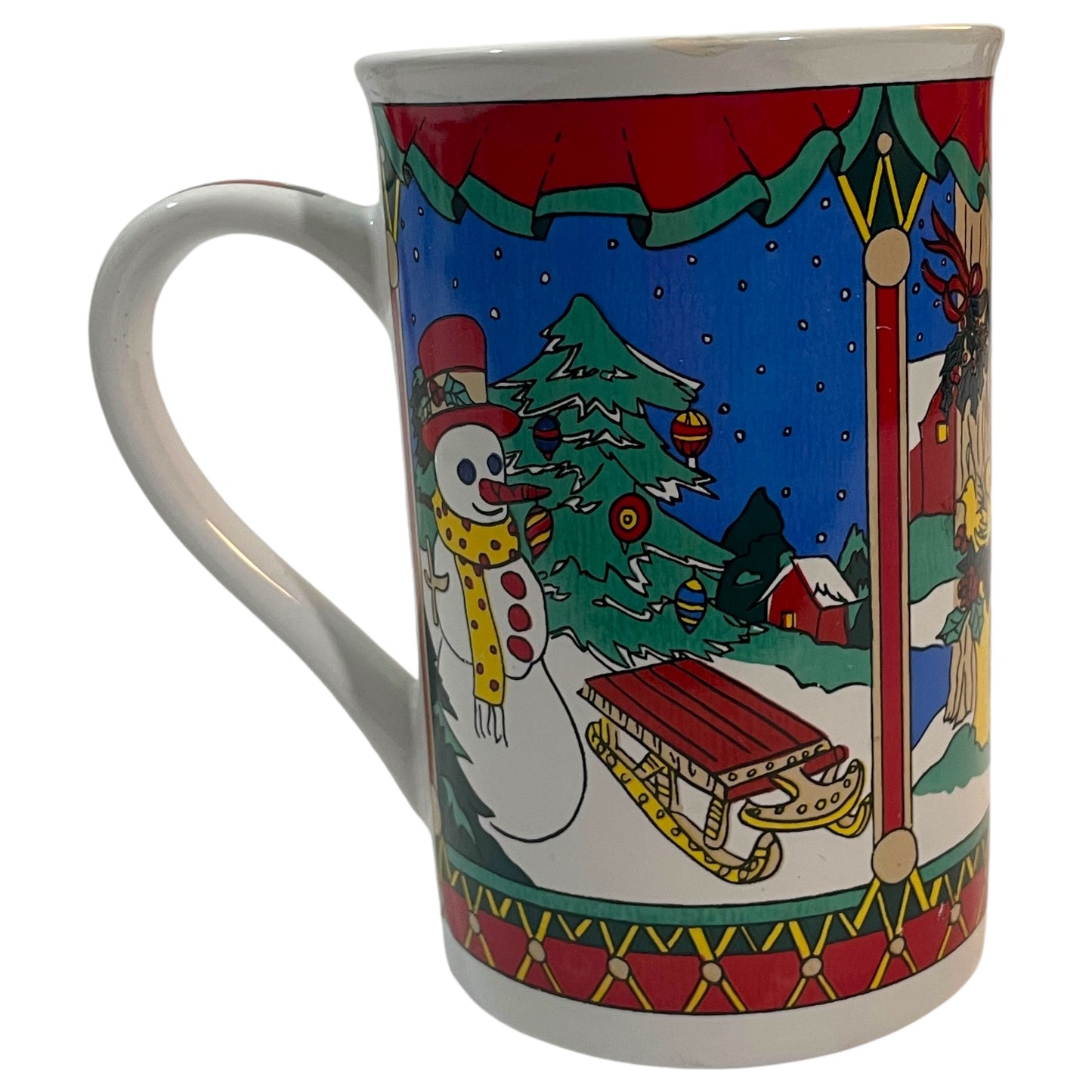 Caneca de Natal Colorida com Árvore, Boneco de Neve e Treno - Design Completo, Vermelho, Branco e Azul