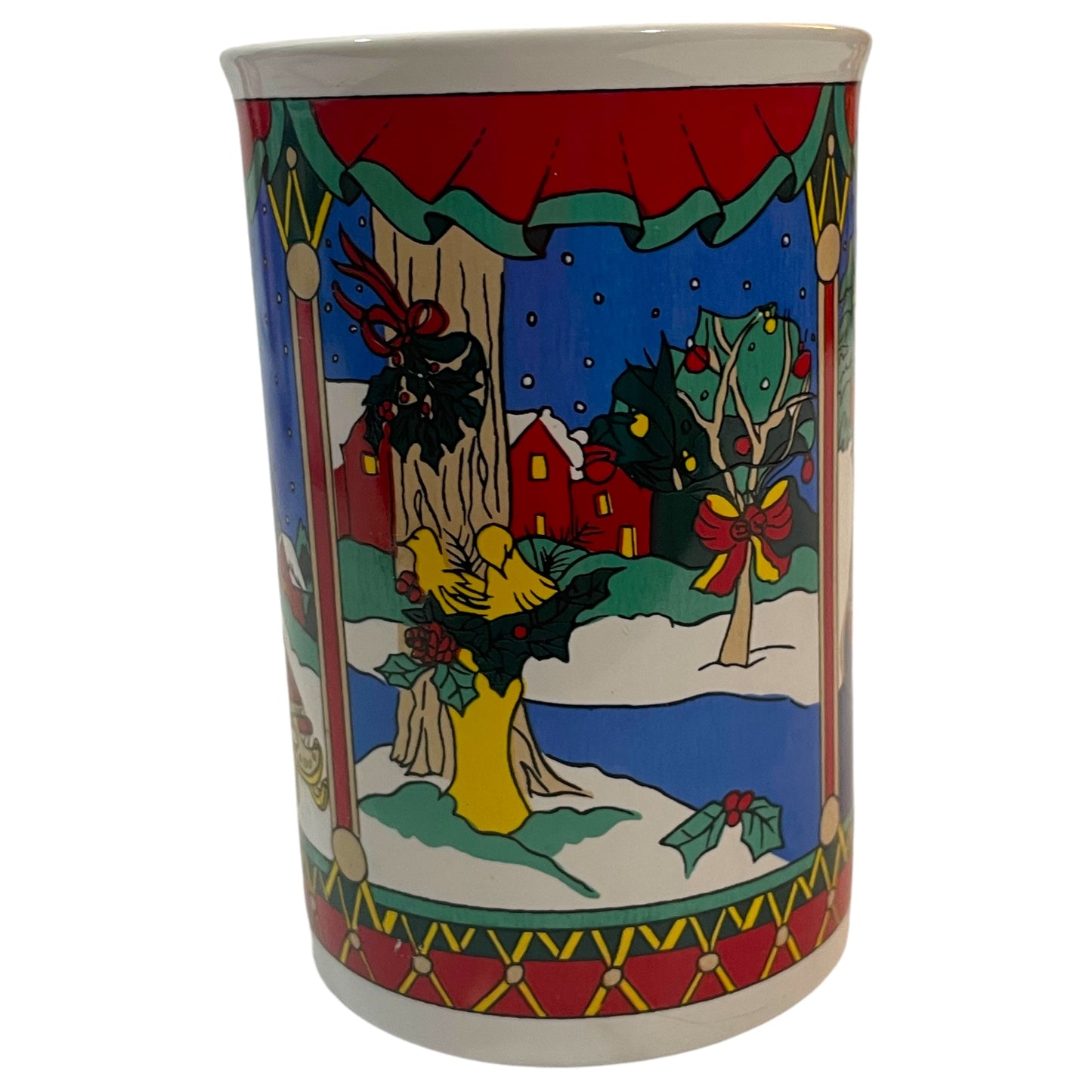 Caneca de Natal Colorida com Árvore, Boneco de Neve e Treno - Design Completo, Vermelho, Branco e Azul