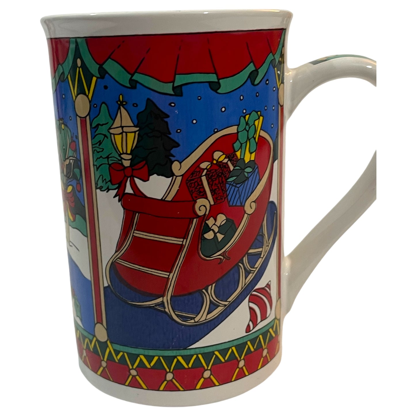 Caneca de Natal Colorida com Árvore, Boneco de Neve e Treno - Design Completo, Vermelho, Branco e Azul