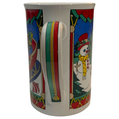 Caneca de Natal Colorida com Árvore, Boneco de Neve e Treno - Design Completo, Vermelho, Branco e Azul