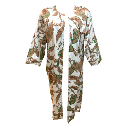 Vintage Floral White Cotton Robe with Brown and Green Leaves – Custom Made