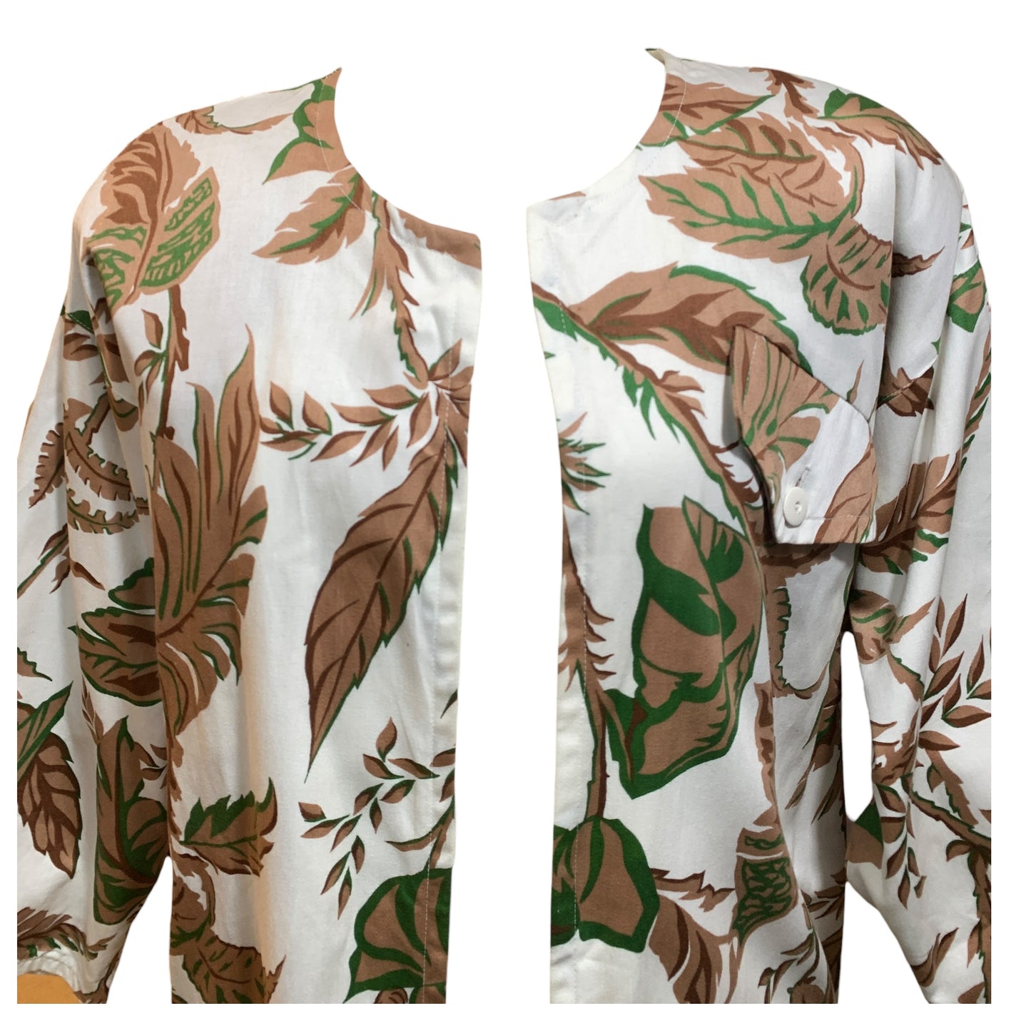 Vintage Floral White Cotton Robe with Brown and Green Leaves – Custom Made