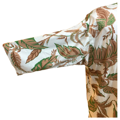 Vintage Floral White Cotton Robe with Brown and Green Leaves – Custom Made