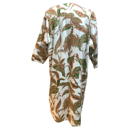 Vintage Floral White Cotton Robe with Brown and Green Leaves – Custom Made