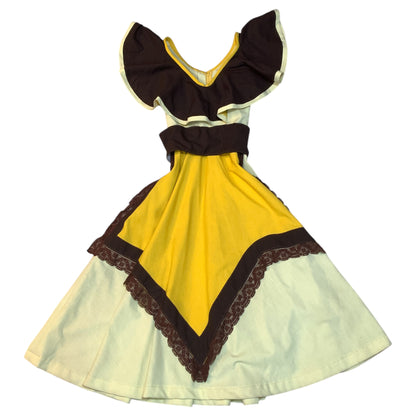 Vestido Vintage Feito Sob Medida – Anos 2000, Modelo Anos 60, Saia Evase, Detalhes em Amarelo e Rendas Marrom