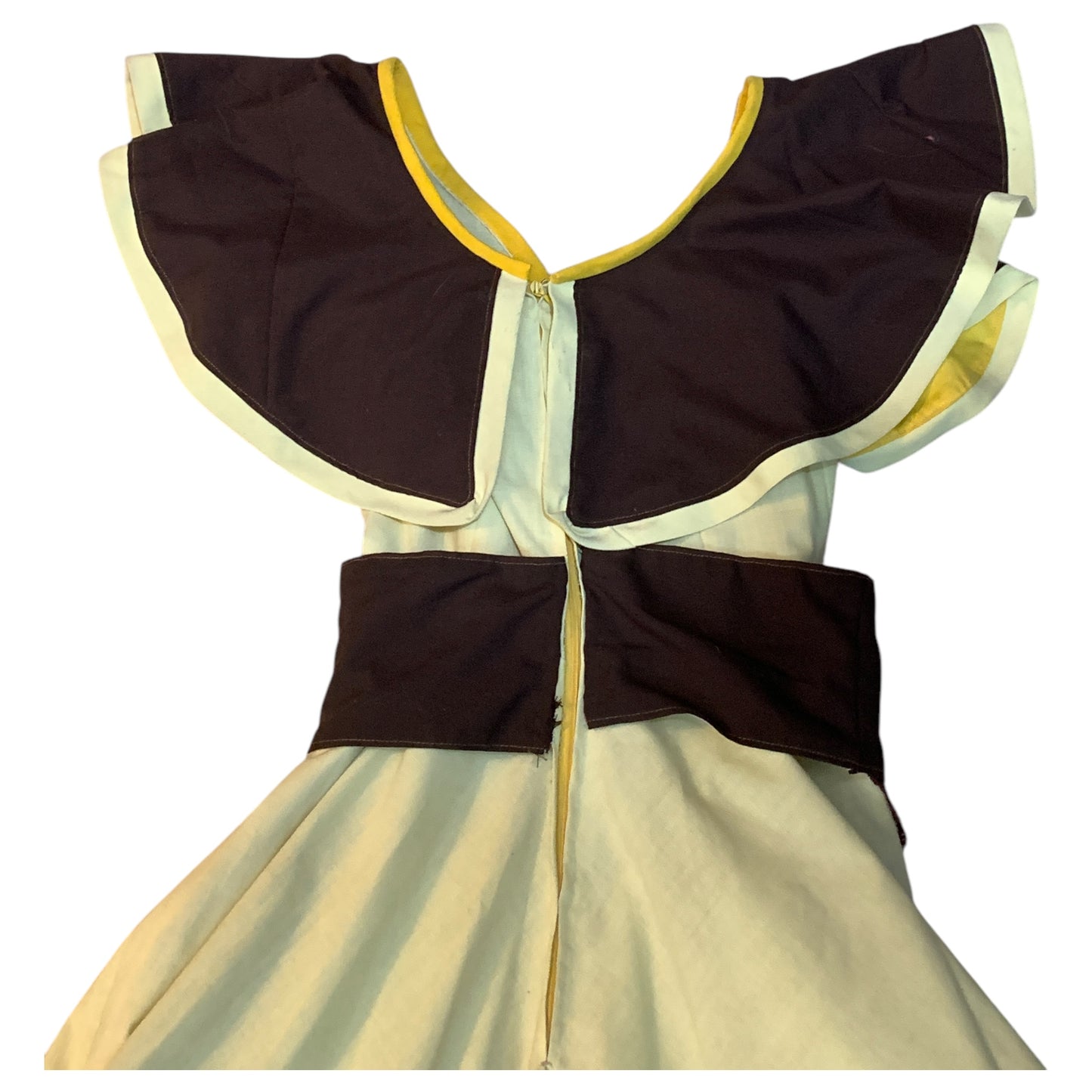 Vestido Vintage Feito Sob Medida – Anos 2000, Modelo Anos 60, Saia Evase, Detalhes em Amarelo e Rendas Marrom