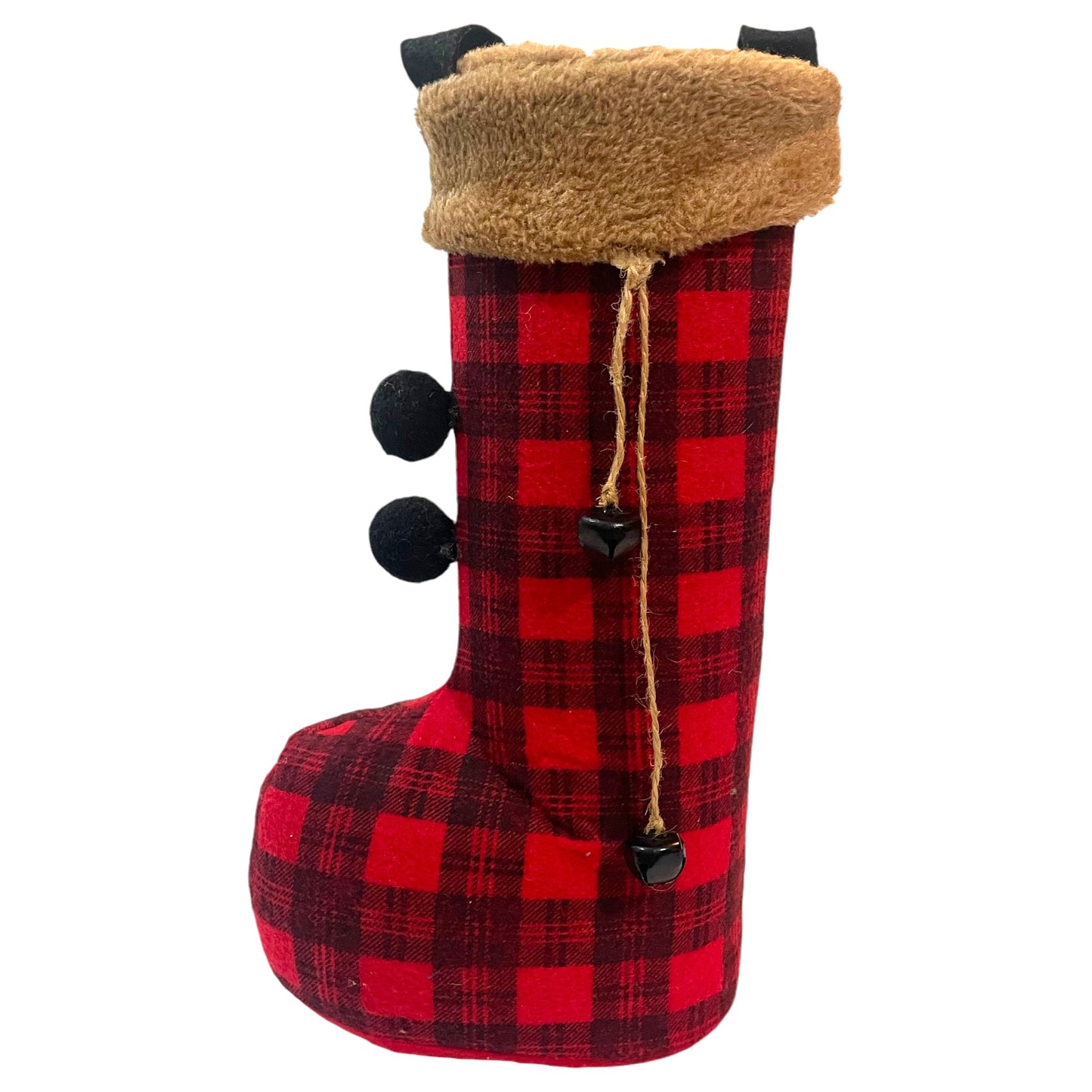 Bota Natalina em Flanela Xadrez Vermelho e Preto com Pompons – Ideal para Presentear com Vinho