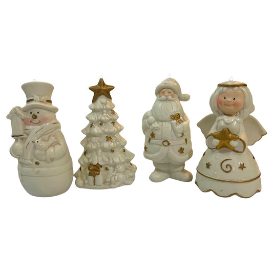 Conjunto de 4 Enfeites para Árvore de Natal em Cerâmica – Personagens Natalinos Pintados à Mão, Branco e Dourado