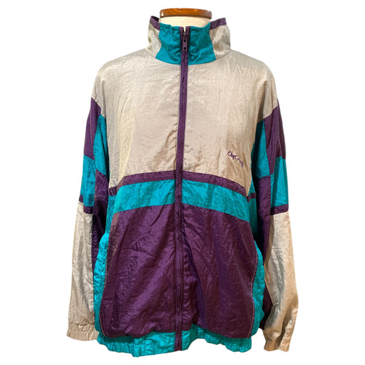 Jaqueta Windbreaker Oversized Vintage Anos 80 – Prateado com Azul e Roxo da Oleg Cassini – Tamanho XL