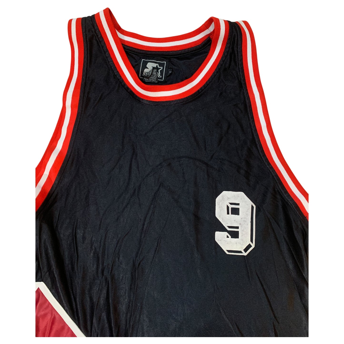 Jersey Manga Cava Basketball Starter – Preta e Vermelha – #9 Basquete Tamanho M Anos 2000