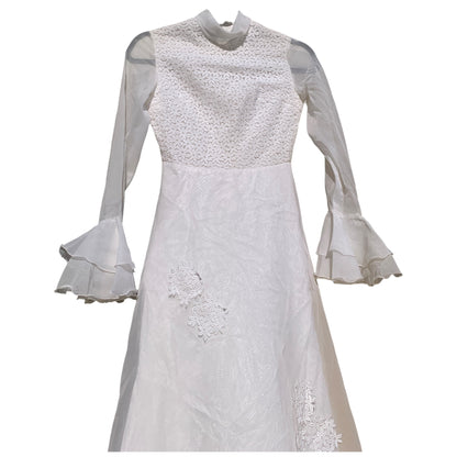 Custom Made Wedding Dress, Tailored, Floral Lace, Long Sleeve with Ruffles, Transparent