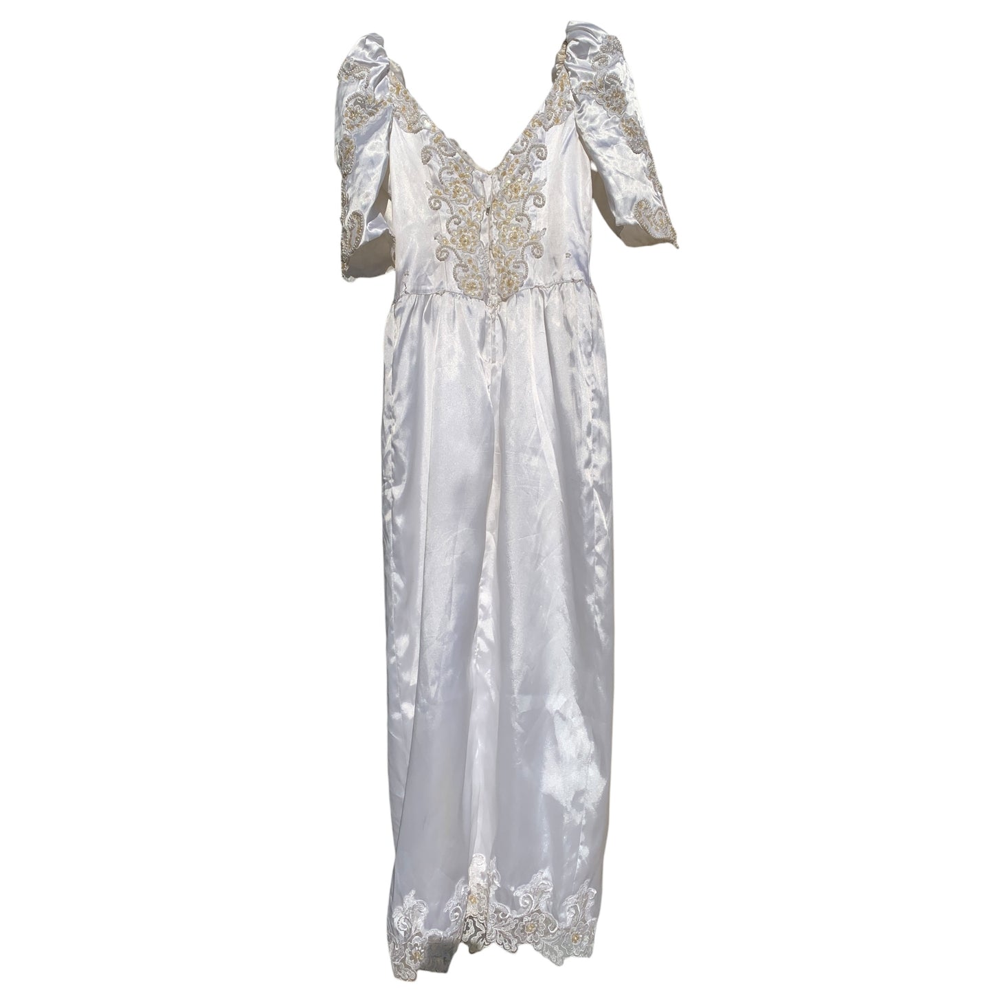 Vintage 80s Wedding Dress - Princess Style in Pearly White Satin with Removable Train