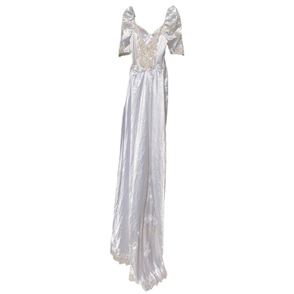 Vintage 80s Wedding Dress - Princess Style in Pearly White Satin with Removable Train