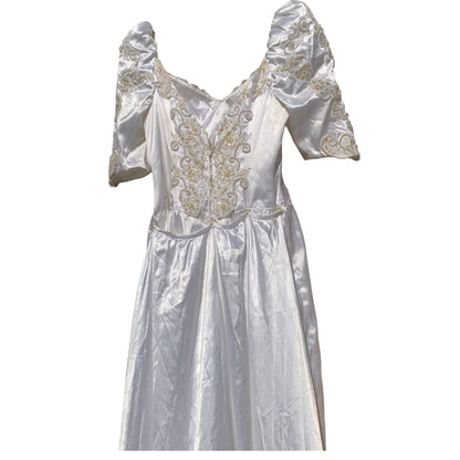 Vintage 80s Wedding Dress - Princess Style in Pearly White Satin with Removable Train