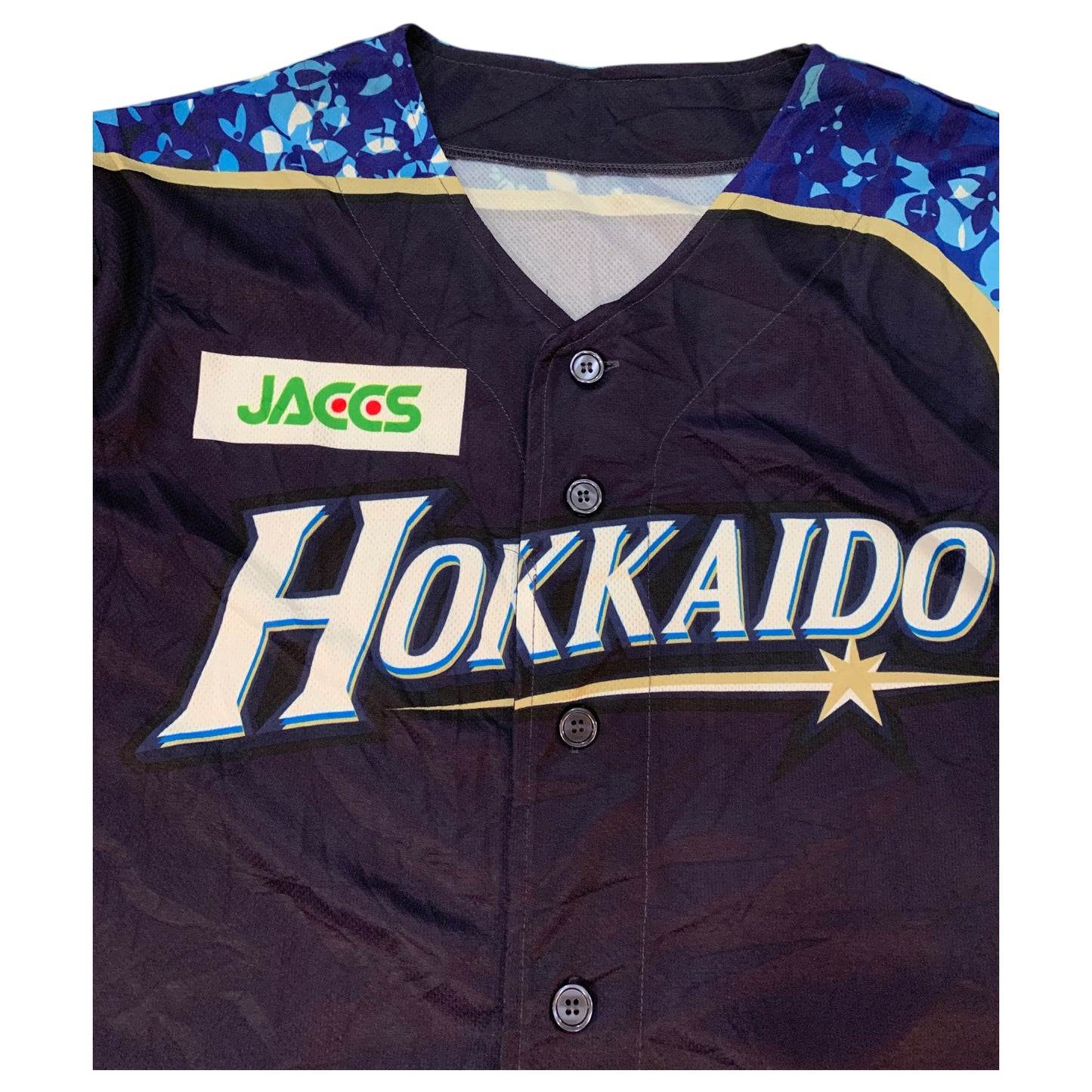 Camiseta Jersey Baseball Japão Hokkaido Nippom-Ham Fighters Azul Escuro com Detalhes Florais - Tamanho Estimado L