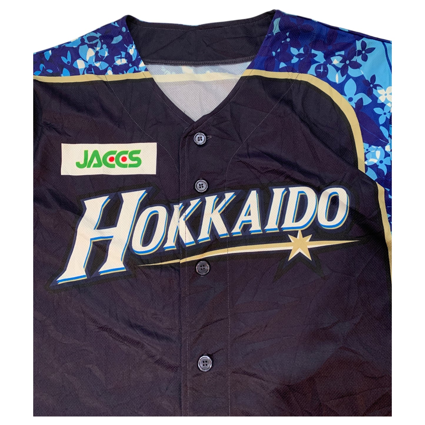 Camiseta Jersey Baseball Japão Hokkaido Nippom-Ham Fighters Azul Escuro com Detalhes Florais - Tamanho Estimado L