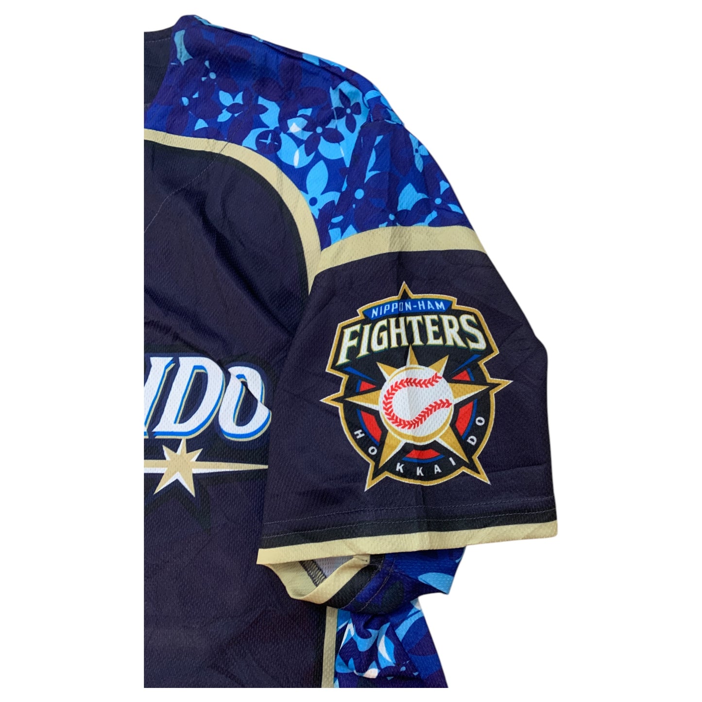 Camiseta Jersey Baseball Japão Hokkaido Nippom-Ham Fighters Azul Escuro com Detalhes Florais - Tamanho Estimado L