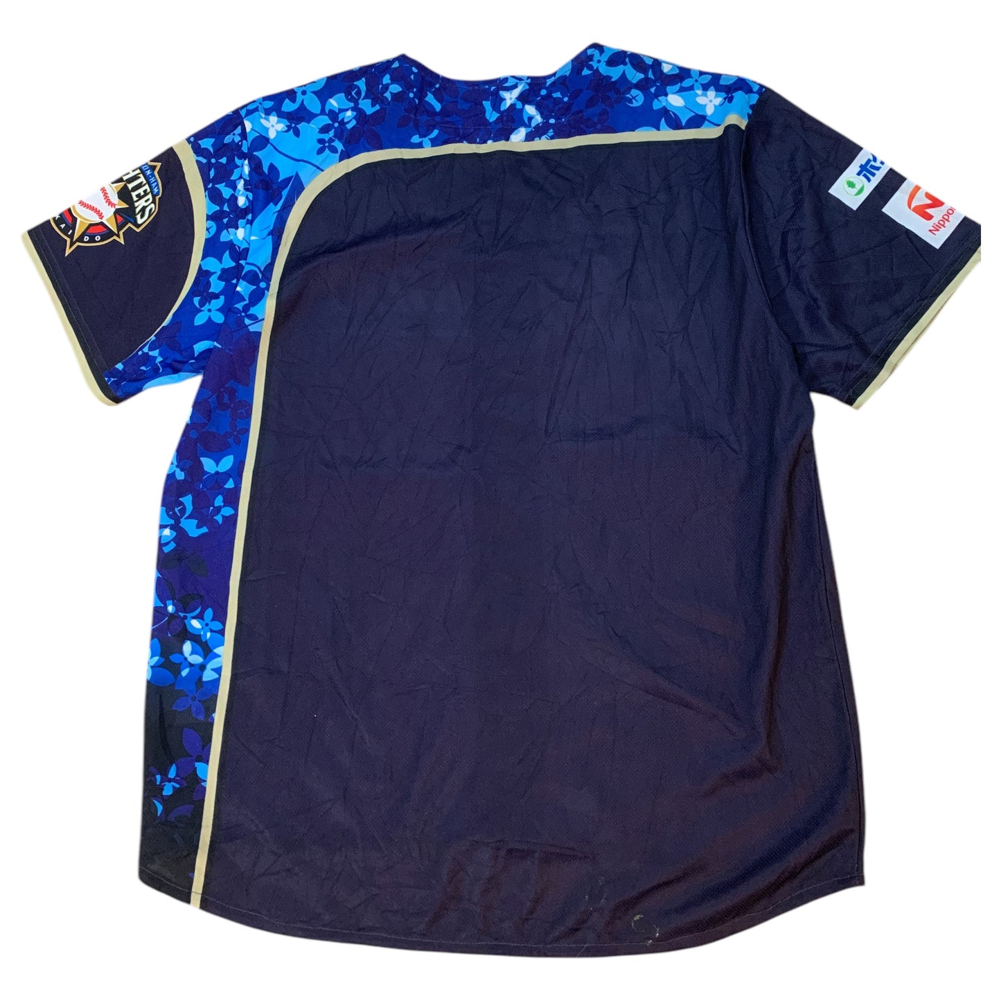 Camiseta Jersey Baseball Japão Hokkaido Nippom-Ham Fighters Azul Escuro com Detalhes Florais - Tamanho Estimado L