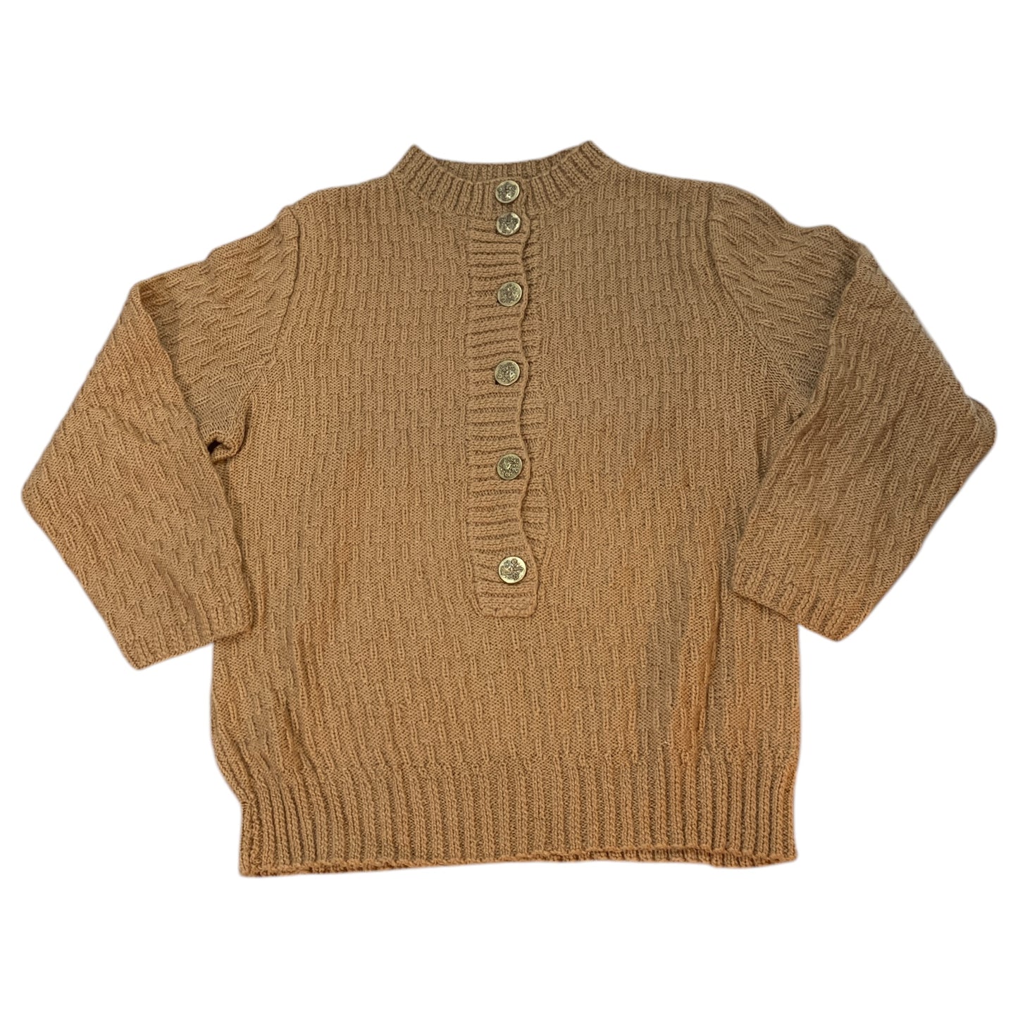 Vintage Caramel Beige Crochet Sweater - 80s Royal Metal Buttons