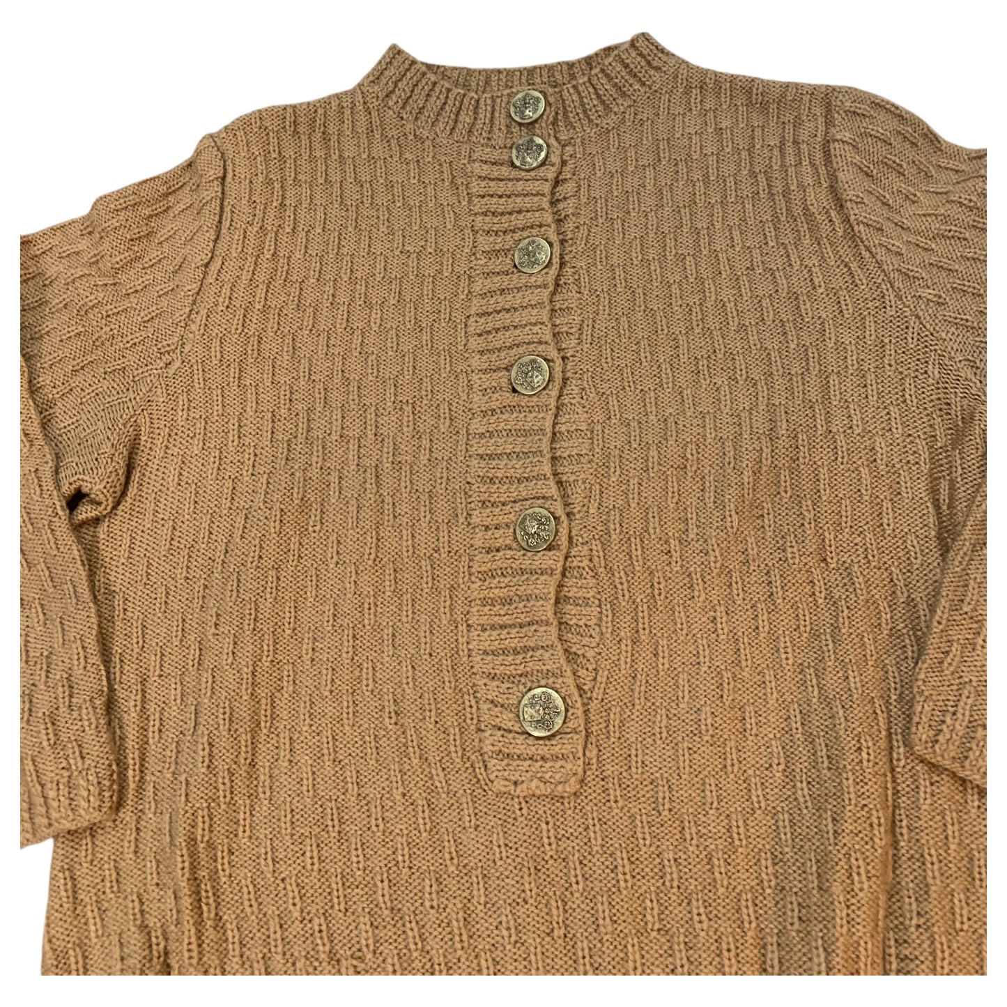 Vintage Caramel Beige Crochet Sweater - 80s Royal Metal Buttons