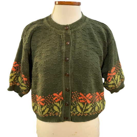 Blusa Cropped Vintage United Colors of Benetton - Verde Musgo em Crochê com Flores Laranjas