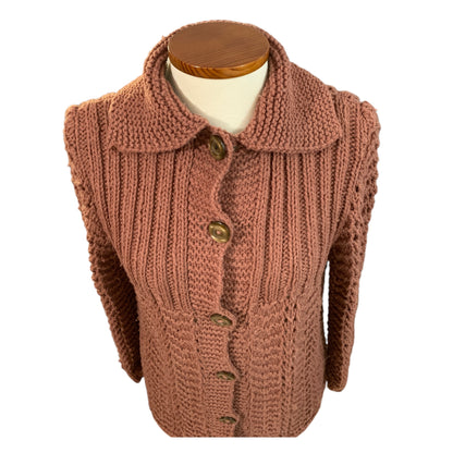 Cardigan Vintage de Crochê Marrom Terracota Rosé - Artesanal Estilo Anos 60, Gola Grande