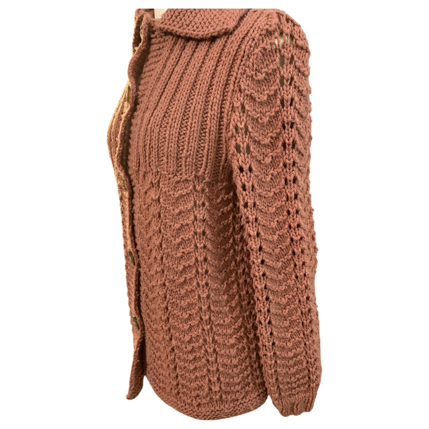 Cardigan Vintage de Crochê Marrom Terracota Rosé - Artesanal Estilo Anos 60, Gola Grande