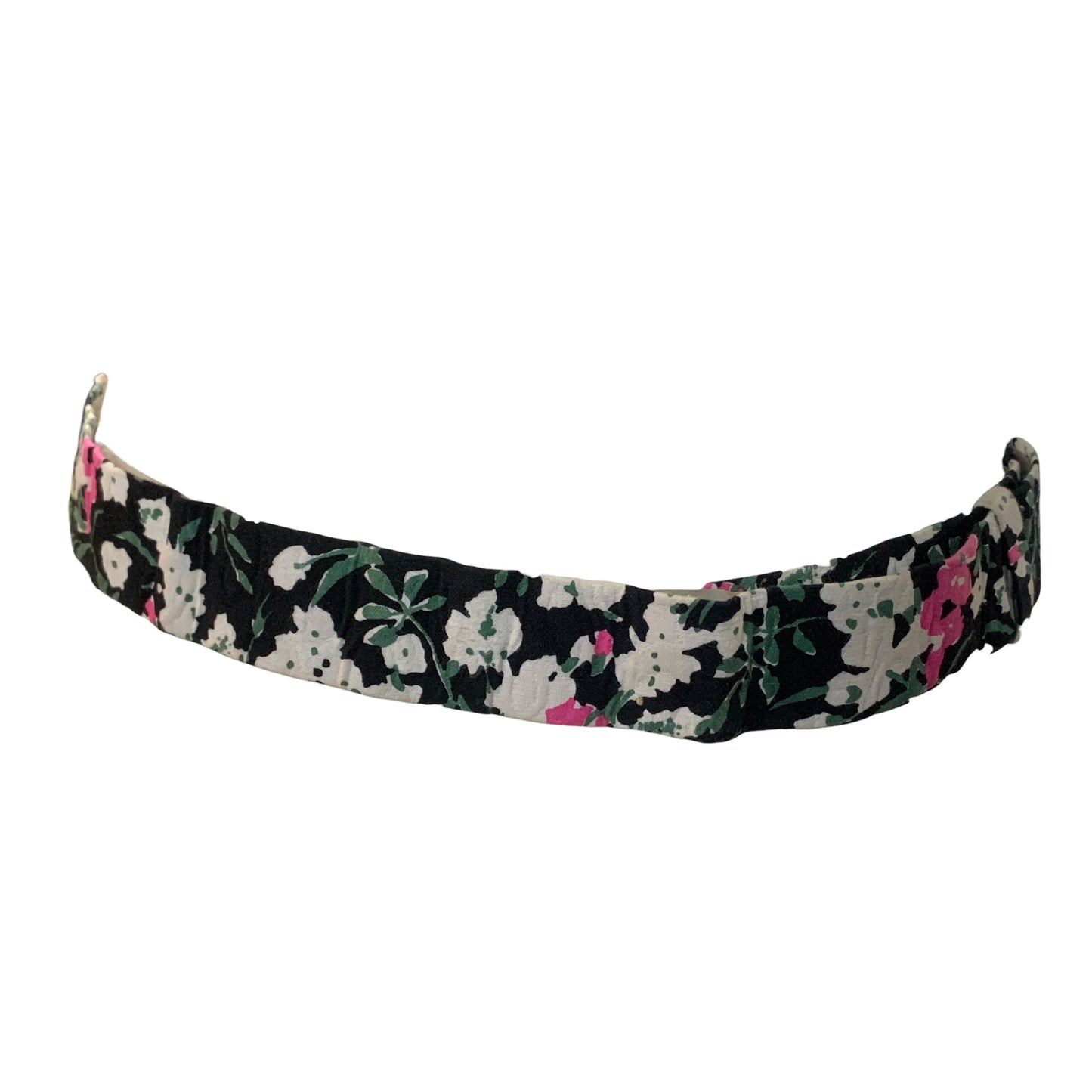 Cinto Vintage Floral Preto com Fecho de Gancho - Flores Brancas e Rosas com Laço Creme,Anos 90