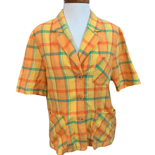 Camisa Vintage Sara João Feminina Xadrez Laranja e Verde