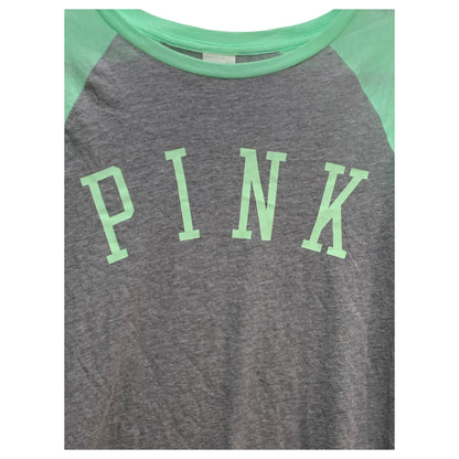 T-Shirt de Manga Longa PINK Victoria's Secret Cinza e Verde Menta - Tamanho S - Madame Surtô Vintage Shop