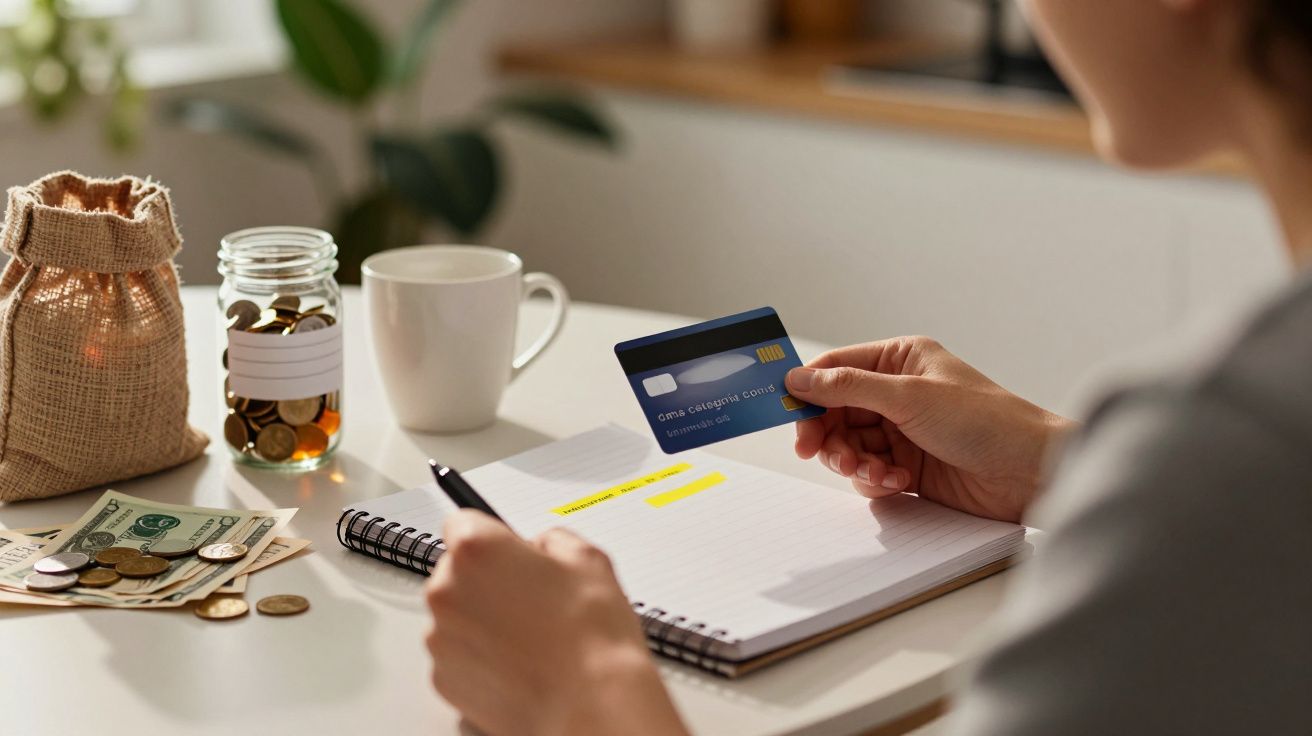 Pessoa segura cartão de crédito e caneta, com notas e moedas sobre a mesa, enquanto faz anotações num caderno.