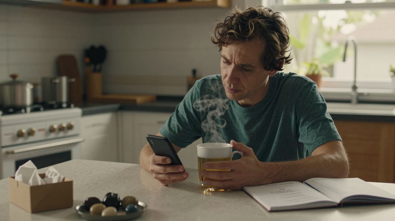 Homem sentado na cozinha com chá fumegante, olhando para o telemóvel; livro aberto e caixa de chá ao lado.