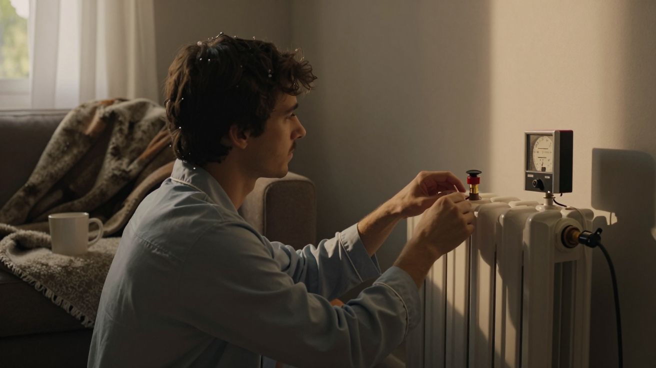 Homem ajusta radiador numa sala iluminada pelo sol, com uma caneca e manta no sofá ao fundo.