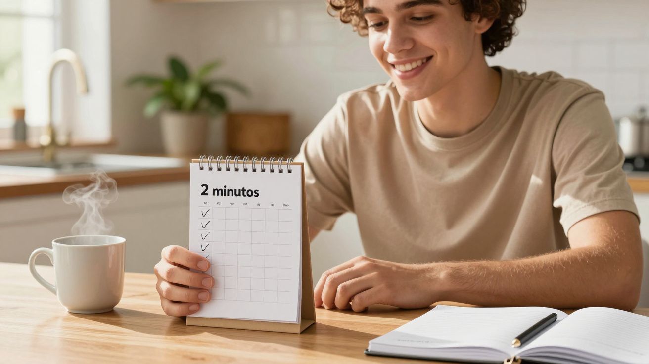 Jovem sorridente segura calendário marcado, com chávena de chá fumegante ao lado, sentado numa cozinha iluminada.