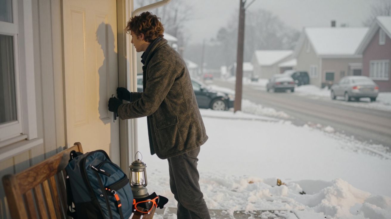Homem com casaco cinza bate à porta, com neve no chão e lanterna a gás ao lado, numa rua de bairro nevado.