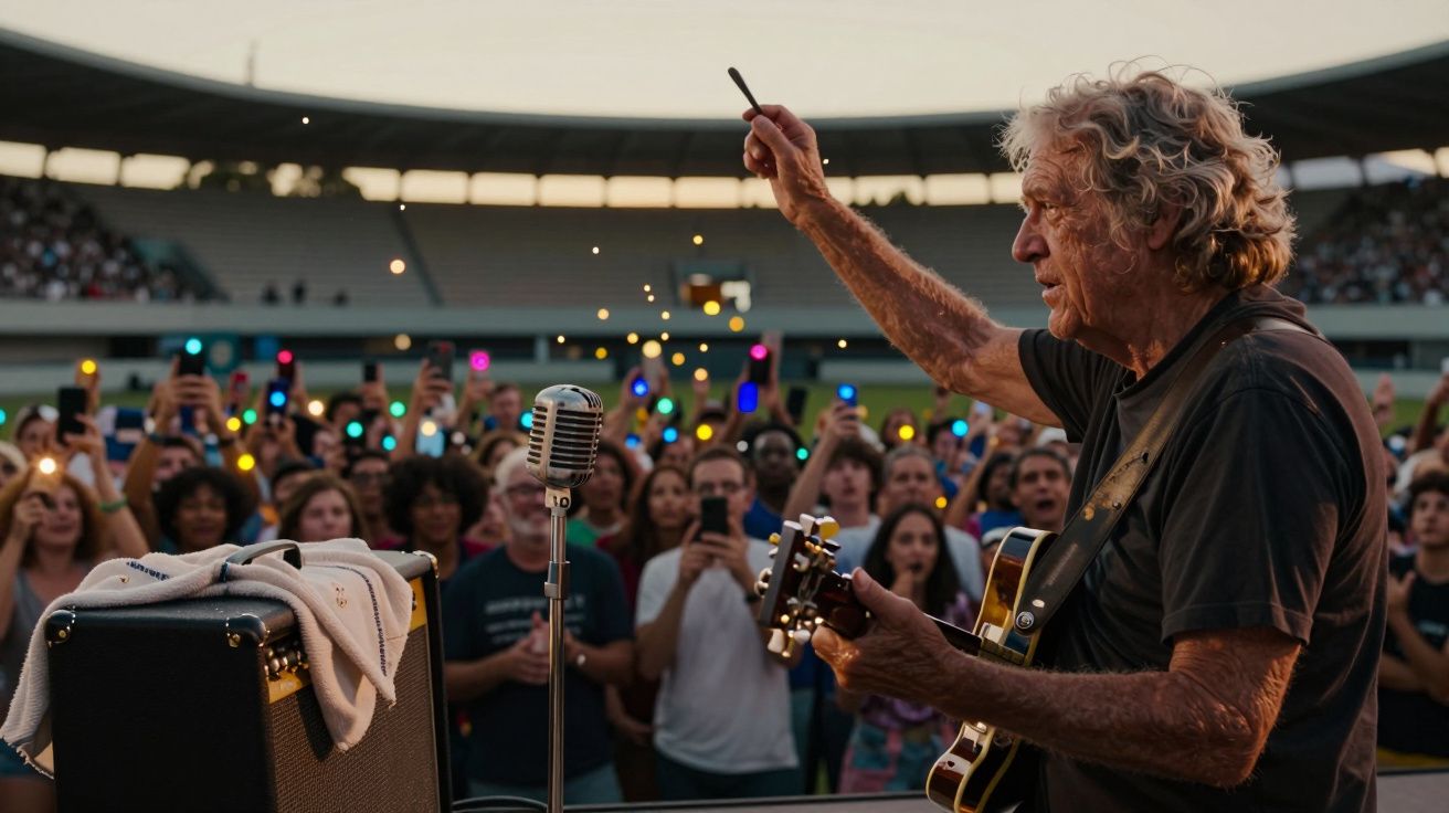 Guitarrista idoso toca diante de uma multidão num estádio ao ar livre, com luzes de telemóveis ao fundo.