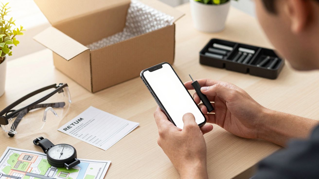 Homem a reparar smartphone com ferramenta, caixa aberta e instruções sobre mesa.