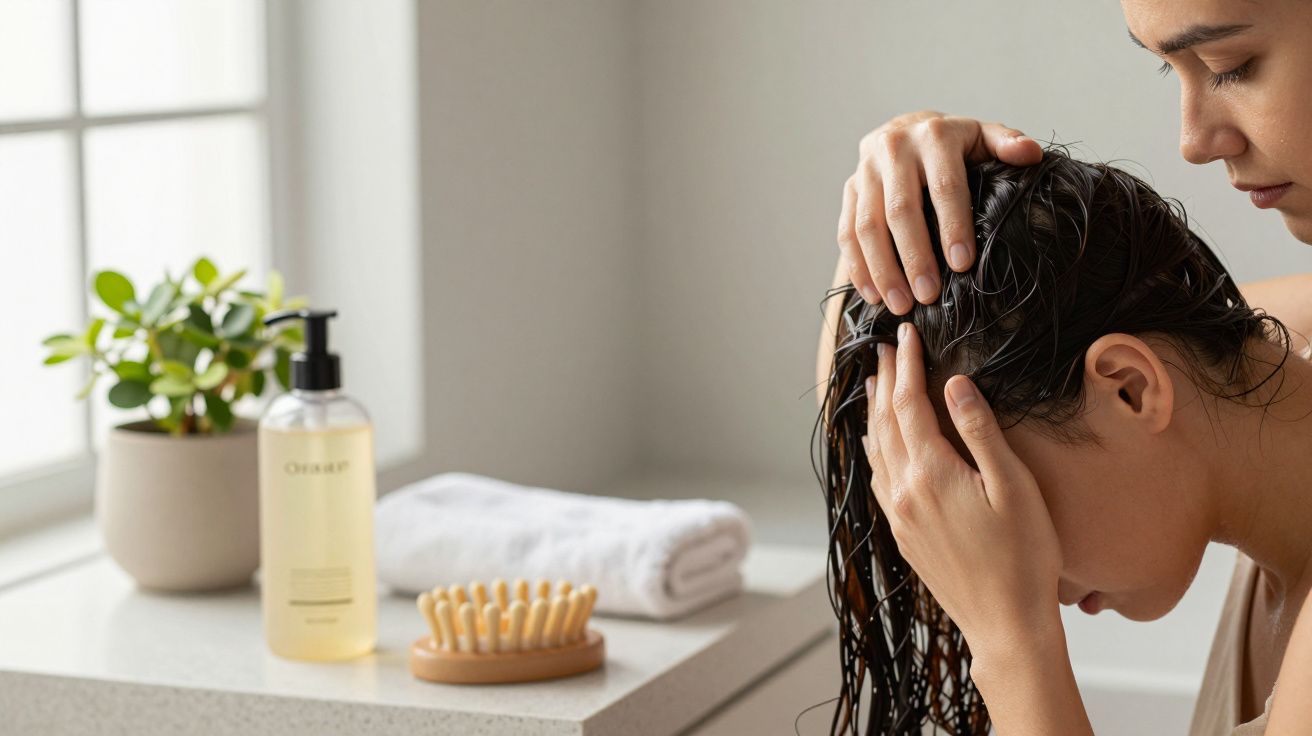 Duas pessoas lavam cabelo numa casa de banho moderna, com toalha, escova e frasco de shampoo numa bancada ao lado.