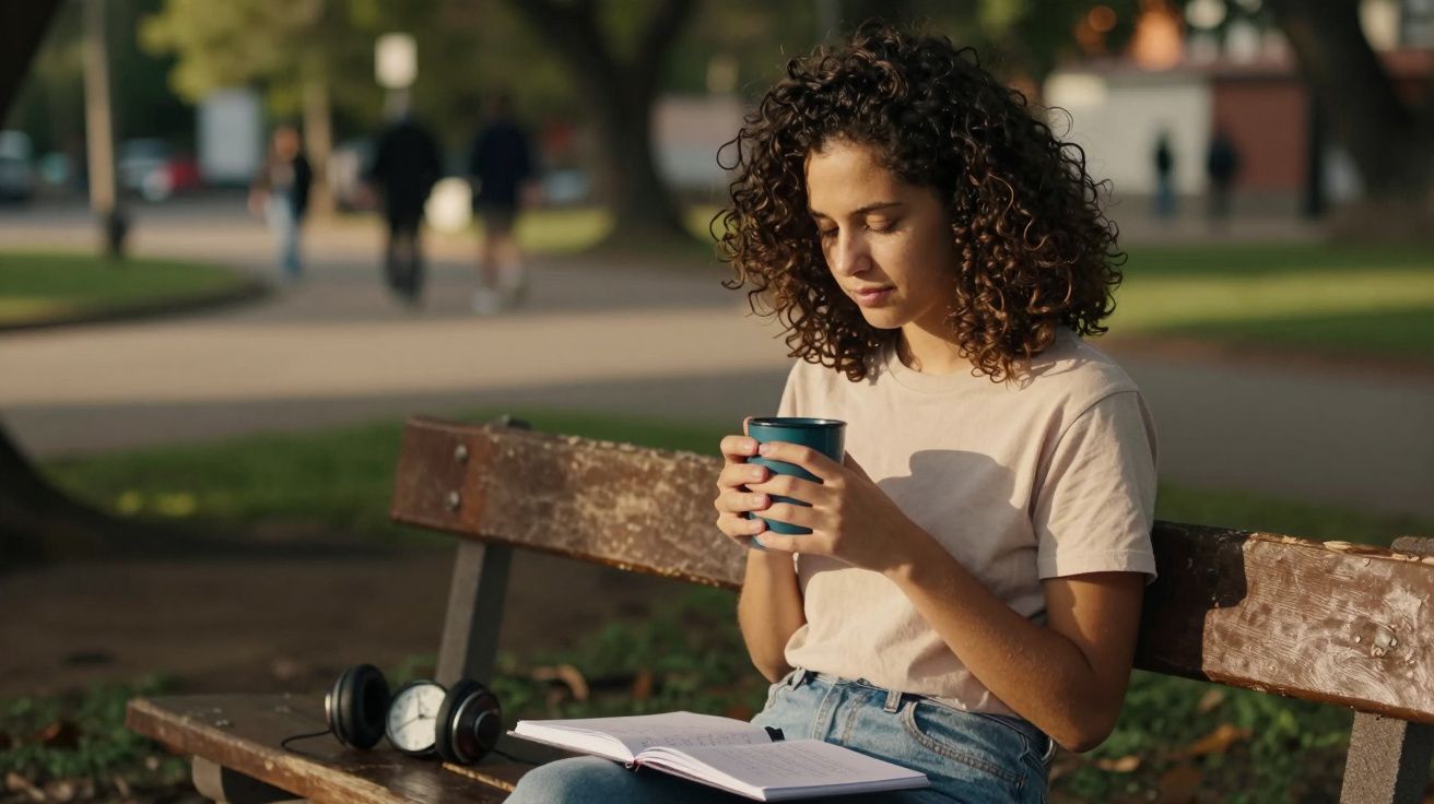 Mulher sentada no banco do parque, segurando uma caneca, com caderno e fones ao lado. Árvores e pessoas ao fundo.