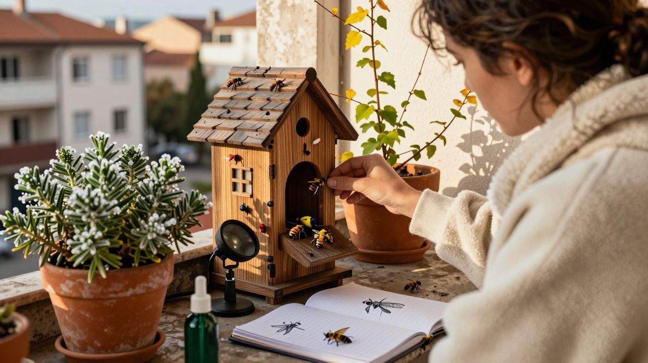 Pessoa a interagir com uma casa de abelhas em miniatura num terraço, rodeada de plantas e um caderno com ilustrações.
