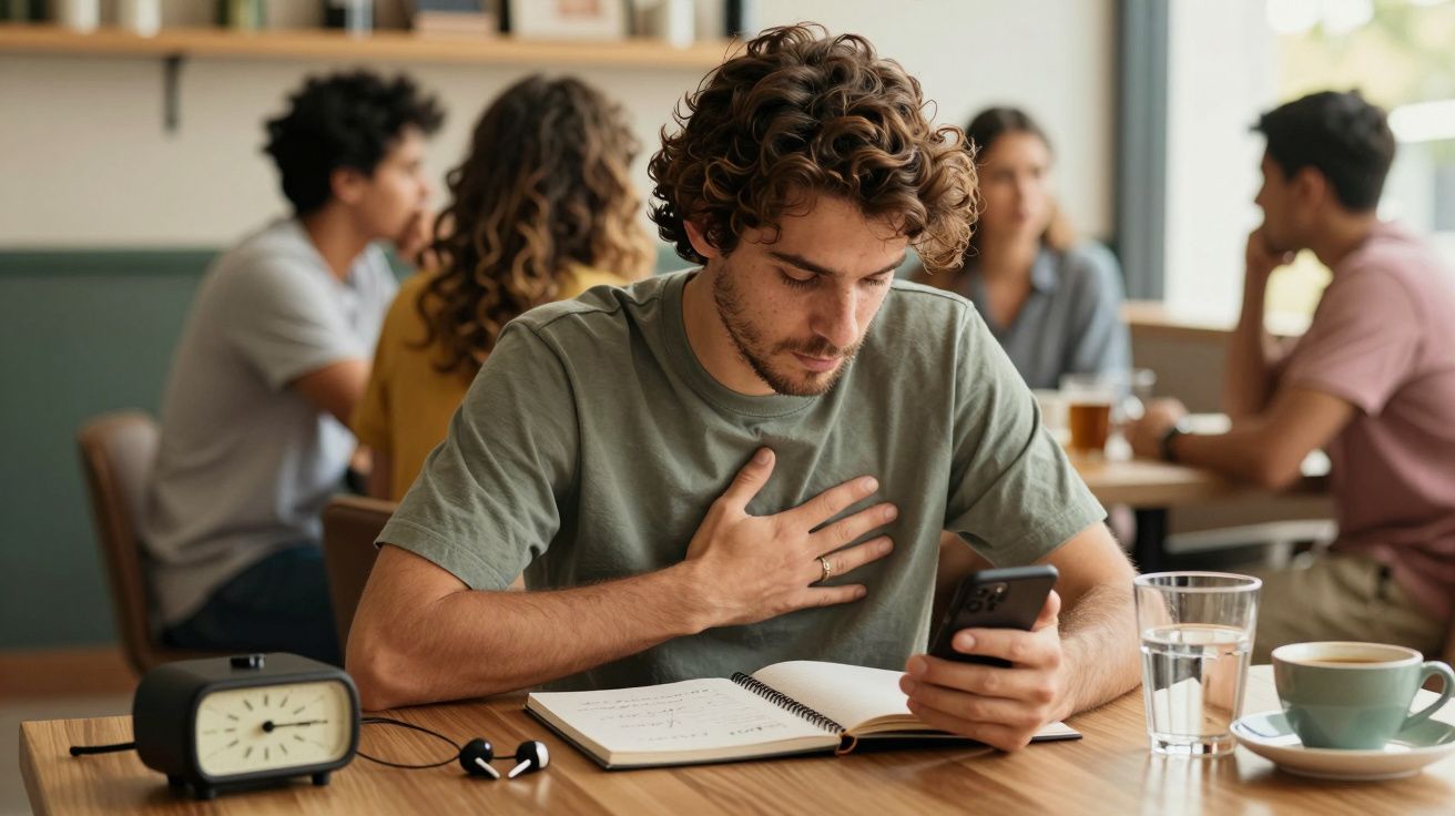 Homem sentado em café, olhando para o telemóvel com a mão no peito. Caderno e relógio na mesa à frente dele.