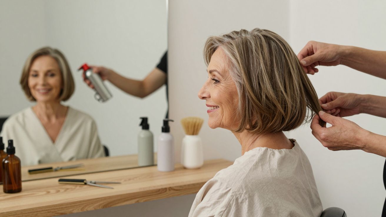 Mulher sorridente recebe corte de cabelo em salão, refletindo-se no espelho; produtos de cabelo na bancada.