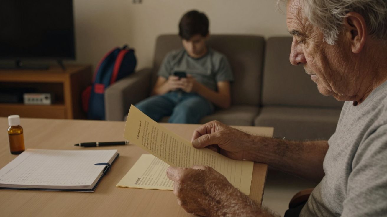 Idoso lê documento à mesa, jovem ao fundo no sofá usa telemóvel.