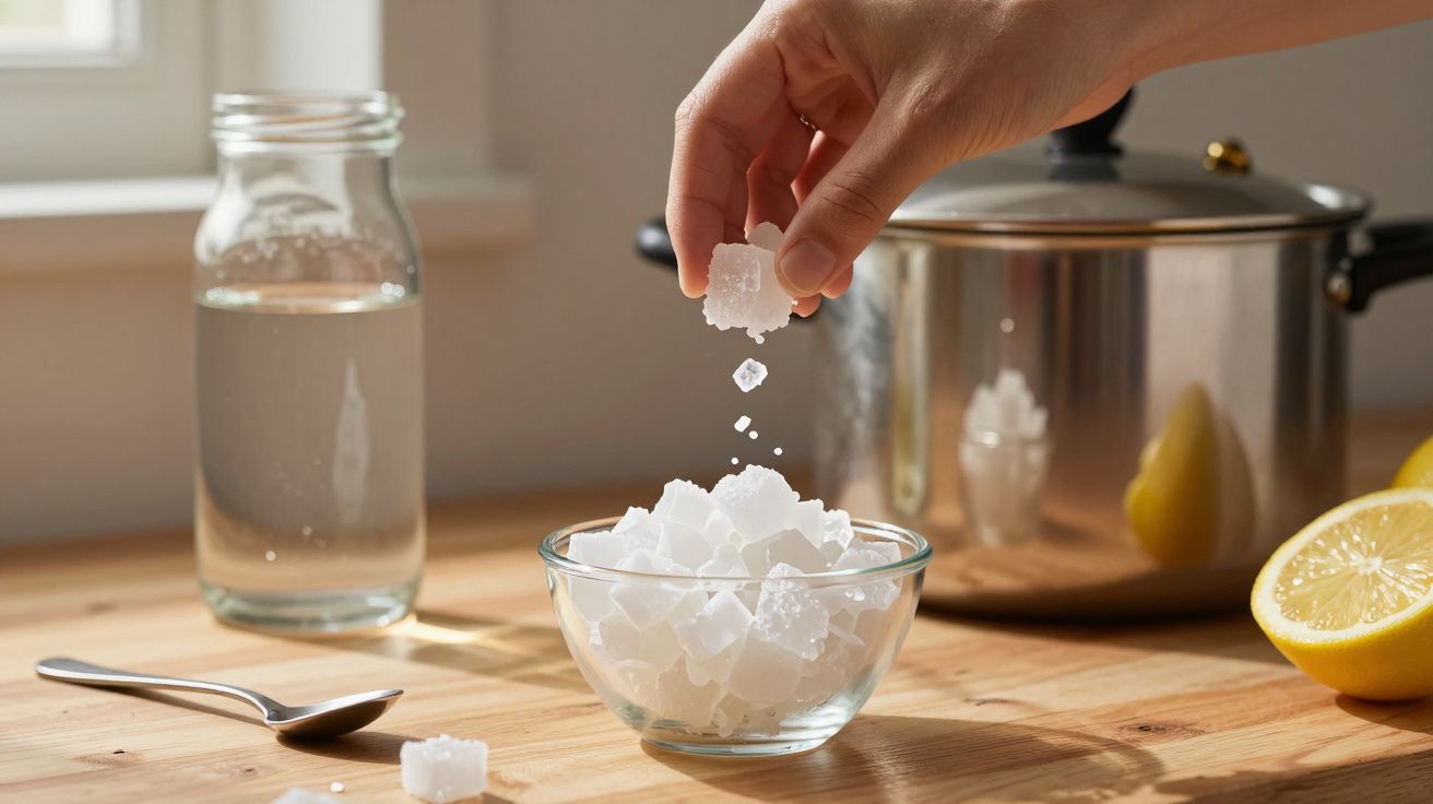 Mão a adicionar cubo de açúcar a uma taça. Fundo com jarro de água, panela e fatia de limão sobre mesa de madeira.