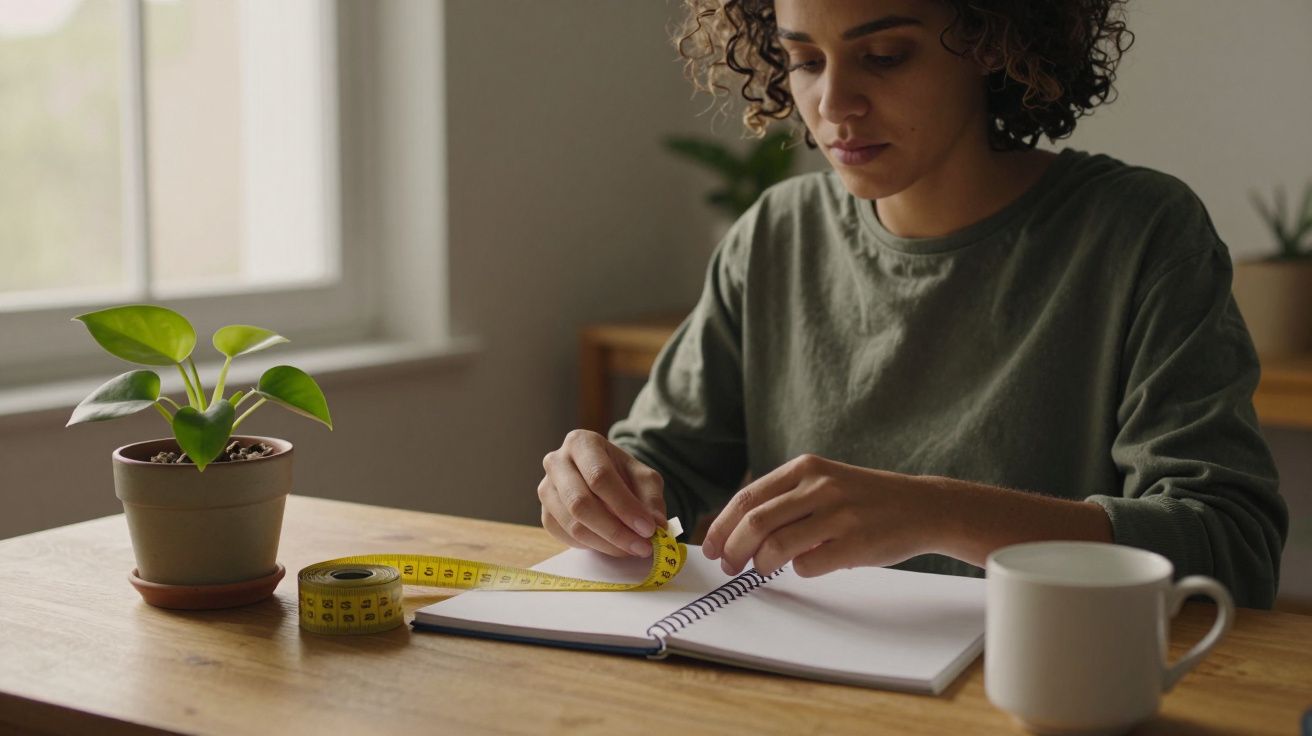 Mulher com cabelo encaracolado segurando fita métrica enquanto escreve num caderno, com planta e chávena na mesa.