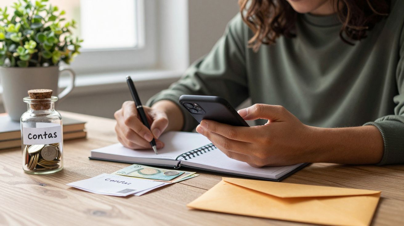 Mulher verifica smartphone enquanto faz anotações num caderno ao lado de um frasco com moedas e notas.