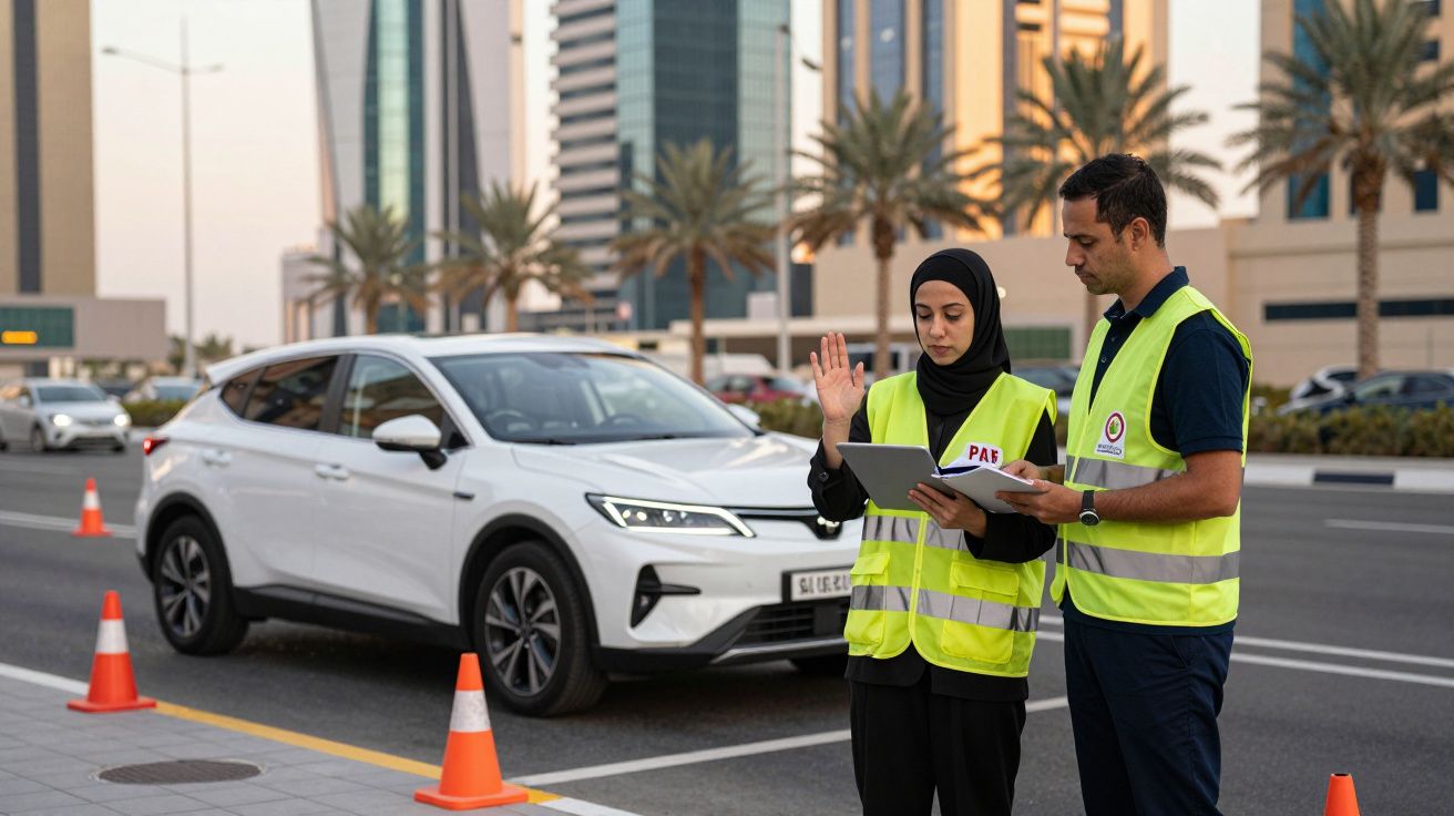 Dois inspetores analisam veículo branco parado na estrada, edifícios e palmeiras ao fundo.