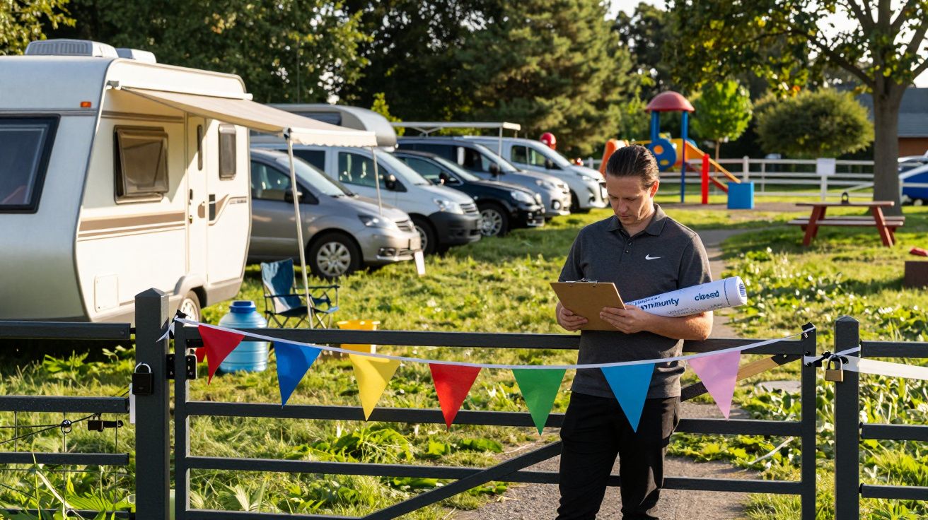 Homem com prancheta em parque de autocaravanas, cercado por bandeirolas coloridas e área de lazer ao fundo.